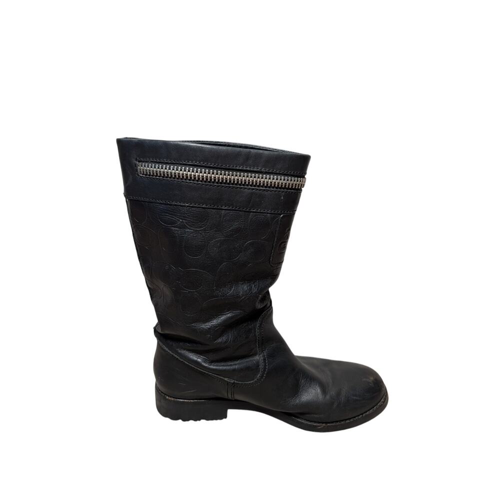 COACH Vinni Mid Calf Leather Boots Womens 9.5 B Black Embossed Biker Riding